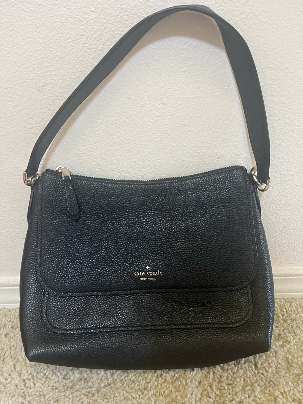 kate spade Black Pebbled Leather Shoulder Bag with Silver Hardware